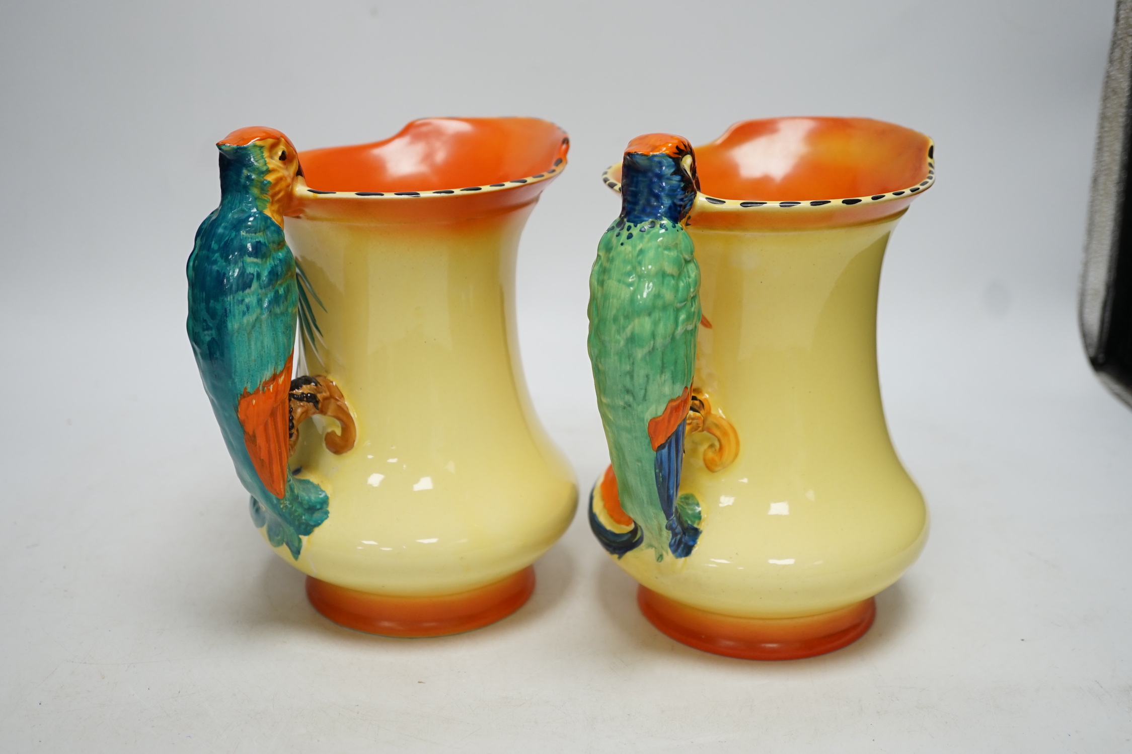 A pair of British Burleigh novelty ‘parakeet’ jugs, 20cm
